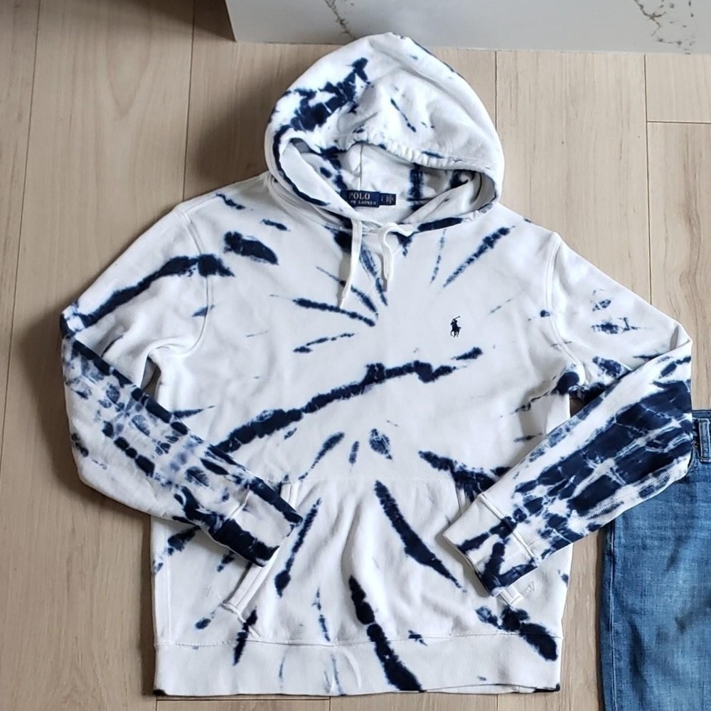 Polo Ralph Lauren Hoodie Mens S White Tie Dye Embroidered Pony Fleece Pullover